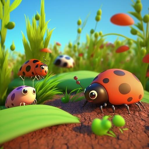 lady bugs and rollie pollies and caterpillars and other insects crawling on the ground, nature vibe, park background, sunny sky, cartoon style, childrens book aesthetic, 4k, realistic --v 4