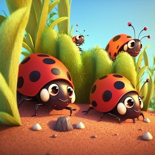 lady bugs, caterpillars ad other insects crawling on the ground, nature vibe, park background, sunny sky, cartoon style, childrens book aesthetic, 4k, realistic --v 4