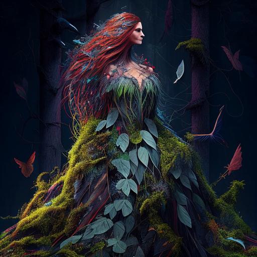 lady full body gorgeous and female, woodpecker feathers lace dress, long red hair,in the deep forest, high detailed ,roots moss, sunlight from above