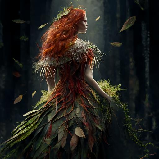 lady full body gorgeous and female, woodpecker feathers lace dress, long red hair,in the deep forest, high detailed ,roots moss, sunlight from above
