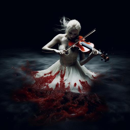 lady playing violin un white dress, pool of blood up to her knees, photorealistic, black background, album cover artwork
