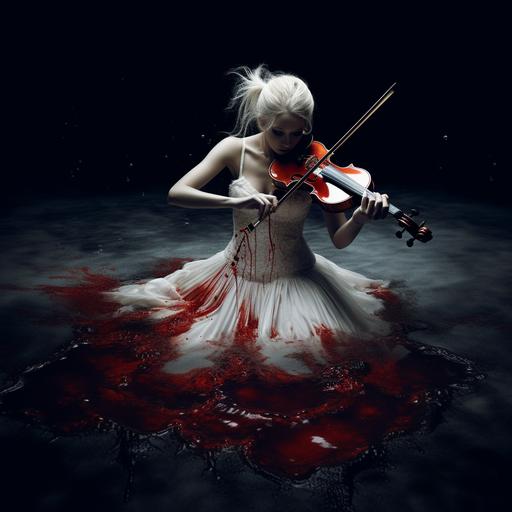 lady playing violin un white dress, pool of blood up to her knees, photorealistic, black background, album cover artwork