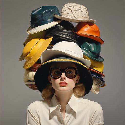 lady wearing a stack of hats in one column on her head including a base ball cap, hard hat, top hat, berret, sun visor, snorkle,