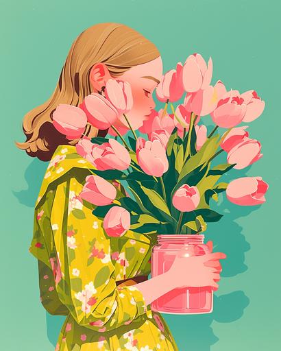 lady with a bouquet of pink tulip flowers at a woman holding a pink jar, dendrobiumcore, in the style of pop art silkscreening, trompe-l'œil illusionistic detail, green, dolly kei, mismatched patterns, blink-and-you-miss-it detail, paper cut-outs --niji 6 --ar 4:5