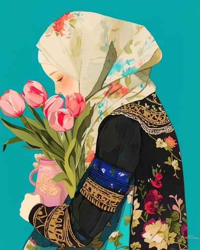 lady with a bouquet of pink tulip flowers at a woman holding a pink jar, dendrobiumcore, in the style of pop art silkscreening, trompe-l'œil illusionistic detail, green, dolly kei, mismatched patterns, blink-and-you-miss-it detail, paper cut-outs --niji 6 --ar 4:5