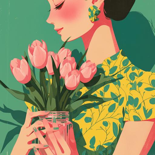 lady with a bouquet of pink tulip flowers at a woman holding a pink jar, in the style of pop art silkscreening, trompe-l'œil illusionistic detail, green, dolly kei, mismatched patterns, blink-and-you-miss-it detail, paper cut-outs --niji 6