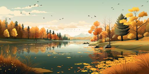 lake panorama, many trees surrounding the lake, its autumn time of the year, tree shades in the background, smoggie weather, soft colors, cartoon style picture, --ar 2:1