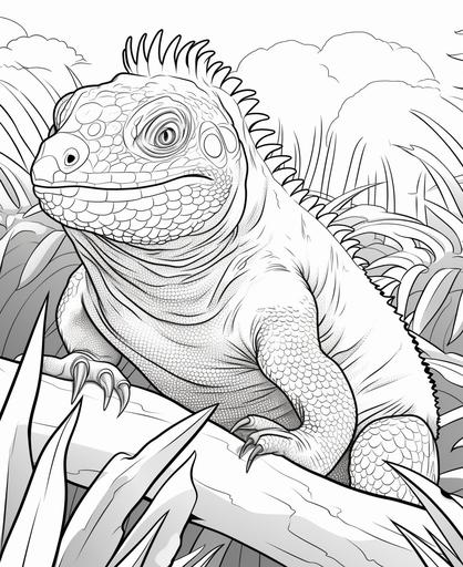 coloring page for kids, iguana, cartoon style, thick line, low detail, no shading --ar 9:11