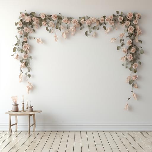 lamb's ear garland hanging horizontally across a white wall with white, beige and pale pink roses, glittery confetti on the wall, white floor, empty room, photorealistic, no background ar 5:7
