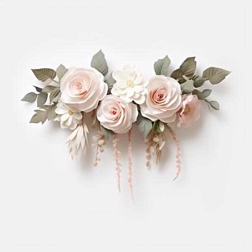 lamb's ear garland hanging horizontally across a white wall with white, beige and pale pink roses, 3D, photorealistic, no background, ar 5:7