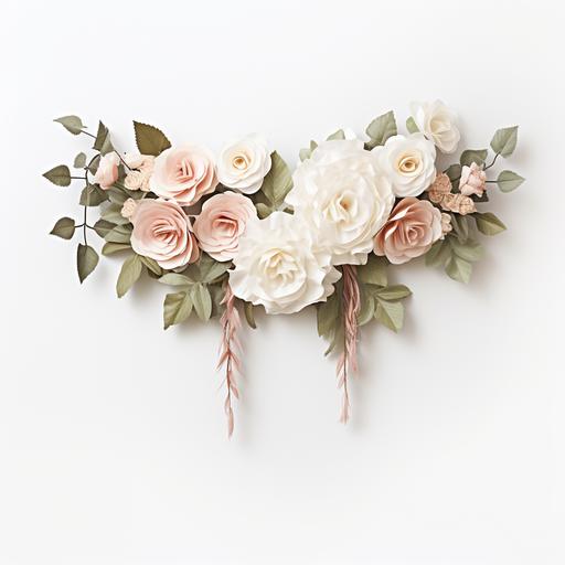 lamb's ear garland hanging horizontally across a white wall with white, beige and pale pink roses, 3D, photorealistic, no background, ar 5:7