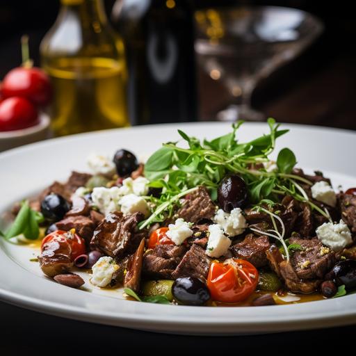 lamb's salad with dried tomatoes, olives, feta cheese and button mushrooms in it on an olive oil, aceto balsamico dressing