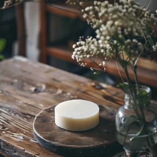 There is a round soap on the table, High Angle view, raw photography, simple style image, natural lighting, CANON EF 16-35MM F/2.8L III USM LENS --ar 1:1 --s 140 --v 6.0 --style raw
