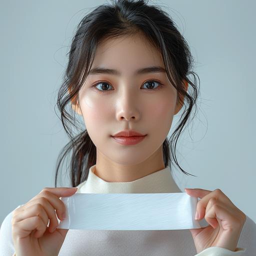 holding white Velcro tape, one hand, white simple background, korean woman, hyper realistic, front view, nikon af-s nikkor 50mm f/1.8 g ed, 8k, –ar 2:3 --v 6.0 --style raw --s 750