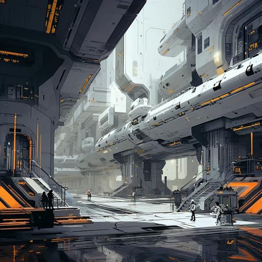 landing bay for spaceship, angular, Gothic, brutalist architecture, grey, sleek,steampunk, defense walls surrounded,syd mead