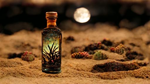 landscape, close up of clear mezcal liquor bottle stuck in the sand, moon reflecting off the glass, rule of thirds, low angle, mexican desert, darkly yet warmly lit night time, large beautiful agave plants all around, full moon nurturing the plants, lucid dream, dreamscape vibe, the birthplace of mezcal spirits, star studded sky, volumetric lighting, photo realistic, detailed, photorealistic, extreme detail, hypermaximalist, insanely detailed and intricate, octane render, artstation, unreal engine, 32k --ar 16:9 --s 5000