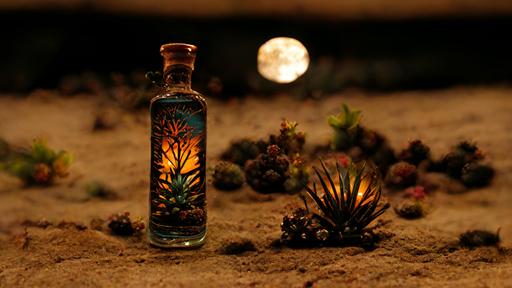 landscape, close up of clear mezcal liquor bottle stuck in the sand, moon reflecting off the glass, rule of thirds, low angle, mexican desert, darkly yet warmly lit night time, large beautiful agave plants all around, full moon nurturing the plants, lucid dream, dreamscape vibe, the birthplace of mezcal spirits, star studded sky, volumetric lighting, photo realistic, detailed, photorealistic, extreme detail, hypermaximalist, insanely detailed and intricate, octane render, artstation, unreal engine, 32k --ar 16:9 --s 5000