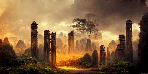 , , , landscape, front gate, Bamboo forest, depth of field, ancient ruins, sun glints, soft glows, moody, epic , orange accent, cinematic, epic scale , concept art, matte painting, --w 512