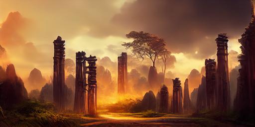 , , , landscape, front gate, Bamboo forest, depth of field, ancient ruins, sun glints, soft glows, moody, epic , orange accent, cinematic, epic scale , concept art, matte painting, --w 512