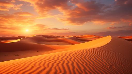 landscape of golden sand dune in Sahara desert at sunsent, cinematic lighting, --aspect 16:9