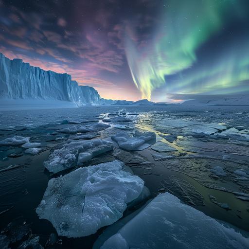 landscape photography, climate change impact, foreground large ice shelf breaks, unimaginable, photorealistic, aura borealis in background.