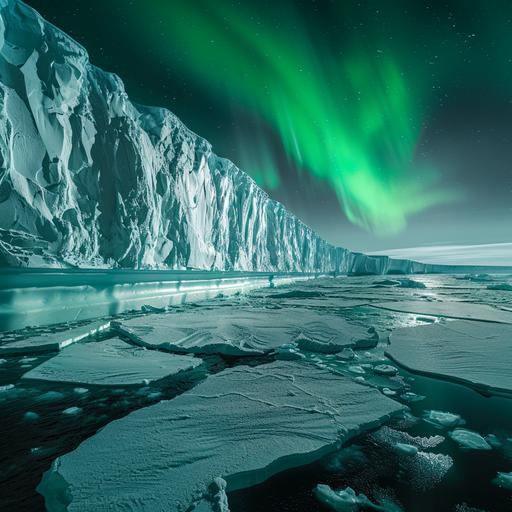 landscape photography, climate change impact, foreground large ice shelf breaks, unimaginable, photorealistic, aura borealis in background. --v 6.0