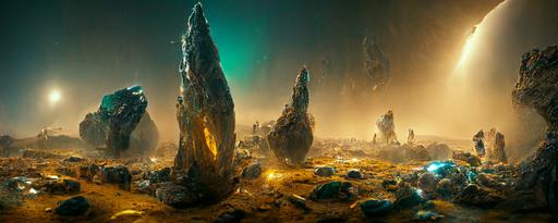 landscape, scifi, explorers, Alien world, alien cave, iridescent minerals, discovery, hyper detailed, dramatic lighting, CGsociety, realistic, hyper detailed, insane details, intricate, dramatic lighting, hypermaximalist, golden ratio, rule of thirds, octane render, weta digital, micro details, ultra wide angle, Artstation trending, 8k, --ar 3:1