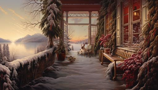 landscape, serene and joyful, dawn/morning, outdoors, warm colours (prominent: sage green, cream, whites; less prominent: blues; very minor: pinks), impressionism/realism, farmhouse by a lake, background landscape is forested mountains, winter, snowy, rural. In the distance: Santa Claus and reindeer relaxing, in the distance: cream coloured french bulldogs playing. --ar 7:4