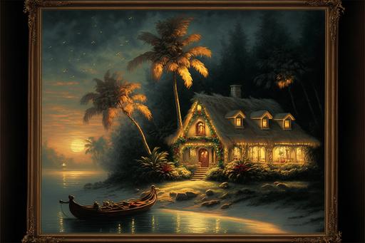 landscape, tropical palm trees, cottage, 