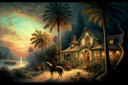 landscape, tropical palm trees, cottage, 