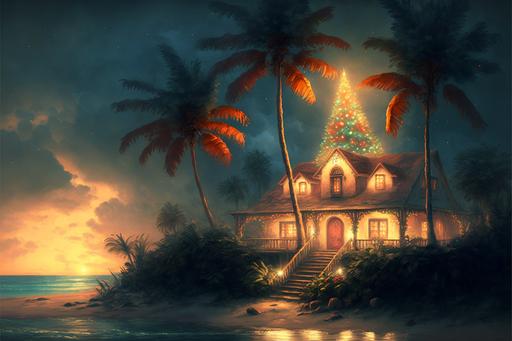 landscape, tropical palm trees, cottage. 