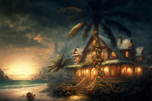 landscape, tropical palm trees, cottage. 