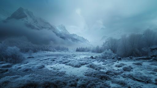 landscape, wide view snow-covered medieval battlefield, dark fantasy artwork , Frozen plains, blue hue, Frozen ruins and trees in the back ground with mountains --ar 16:9