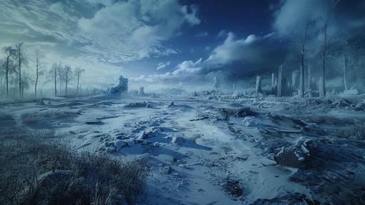 landscape, wide view snow-covered medieval battlefield, dark fantasy artwork , Frozen plains, blue hue, Frozen ruins and trees in the back ground --ar 16:9