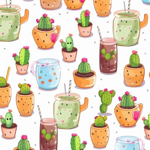 cute cartoon boba drink, pattern, white background