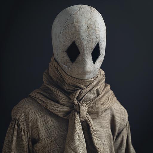 lanky man, face covered in white, perfectly round head, black triangle eyes, burlap sack clothing, bald, hyper-detailed, realistic, hdr, 85mm, f2.0, in high resolution, hyper-maximalism, 8k 3d, all details are well defined, focus, atmospheric perspective, Photo taken with a professional camera, black background, v6.0 --v 6.0