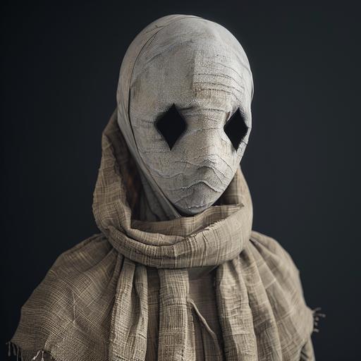 lanky man, face covered in white, perfectly round head, black triangle eyes, burlap sack clothing, bald, hyper-detailed, realistic, hdr, 85mm, f2.0, in high resolution, hyper-maximalism, 8k 3d, all details are well defined, focus, atmospheric perspective, Photo taken with a professional camera, black background, v6.0 --v 6.0