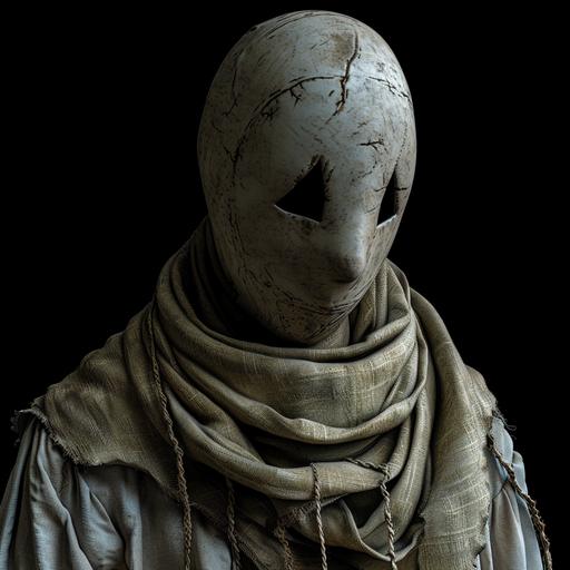 lanky man, face covered in white, perfectly round head, black triangle eyes, burlap sack clothing, bald, hyper-detailed, realistic, hdr, 85mm, f2.0, in high resolution, hyper-maximalism, 8k 3d, all details are well defined, focus, atmospheric perspective, Photo taken with a professional camera, black background, v6.0 --v 6.0