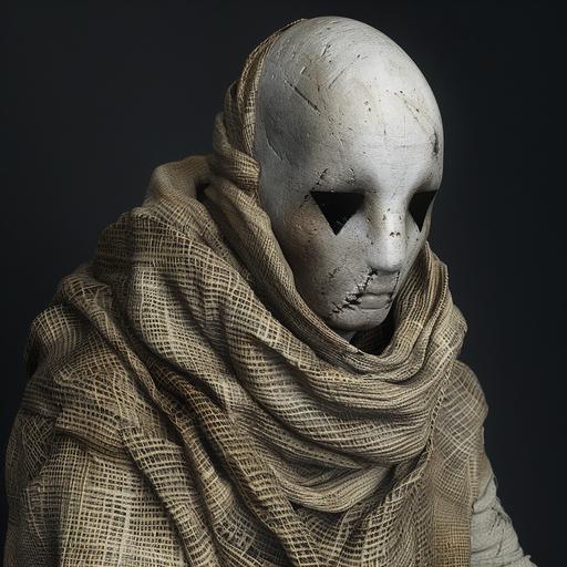 lanky man, face covered in white, perfectly round head, black triangle eyes, burlap sack clothing, bald, hyper-detailed, realistic, hdr, 85mm, f2.0, in high resolution, hyper-maximalism, 8k 3d, all details are well defined, focus, atmospheric perspective, Photo taken with a professional camera, black background, v6.0 --v 6.0