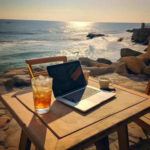 laptop in front of the sea on a table with a cocktail, dalì painting style - @abossodomino (relaxed)