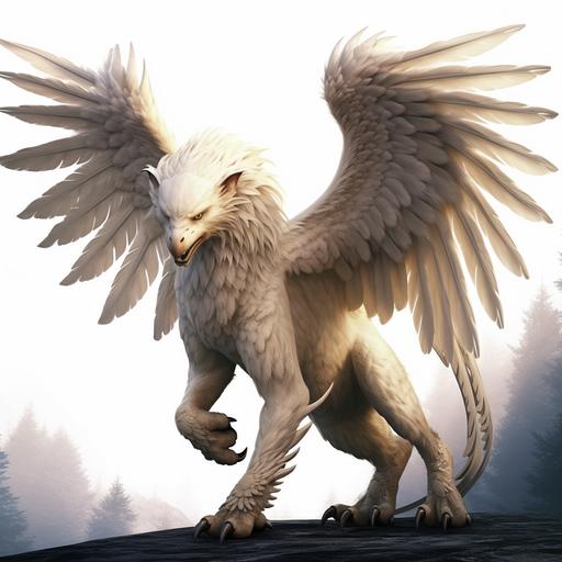 , large albino Griffon character, hyper detailed feathered wings, sharp beak and claws on feet, muscular lion back legs, hyper real, photo realistic, unreal engine, dungeons and dragons, cinematic catle background, high fantasy, legend of the cryptids art, armor on neck back and legs