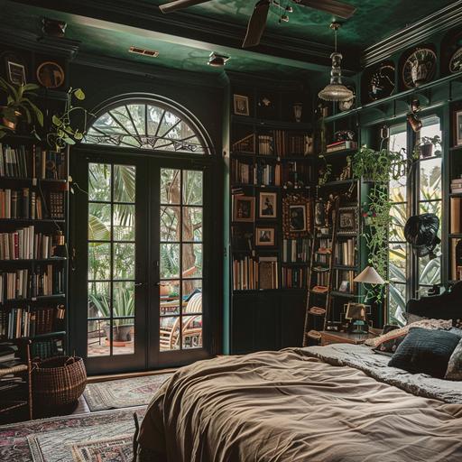 large bedroom, tall dark green ceiling, black french doors opening out to a patio, dark green bookshelves with books and knick knacks on either side of the french doors, lots of plants