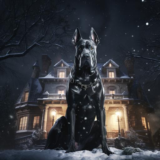 large, black Great Dane, sitting in front of a dark, gritty mansion in the snow, falling snow, night time, moonlight, raytracing, dynamic lighting, cinematic, unreal engine, 8k