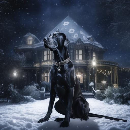 large, black Great Dane, sitting in front of a dark, gritty mansion in the snow, falling snow, night time, moonlight, raytracing, dynamic lighting, cinematic, unreal engine, 8k