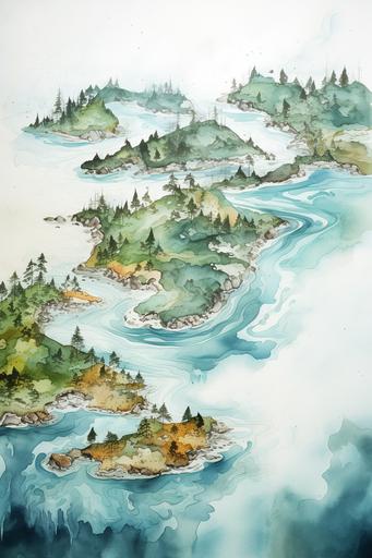 large body of water, hand-drawn watercolor map, islands, ink lines, --ar 6:9