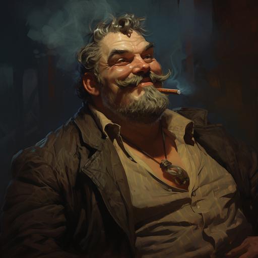large burly man, smoking cigar, thick neck, hairy chest, imposing, grinning , intimidating, stubble, illustration, dungeons and dragons, late 40s, dad bod, portrait
