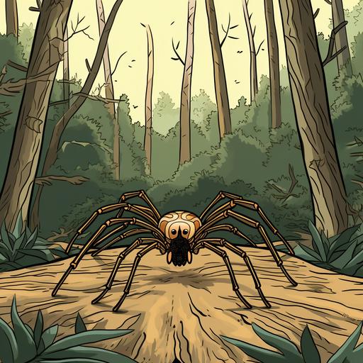 large cartoon like spider in woods outline only not shading
