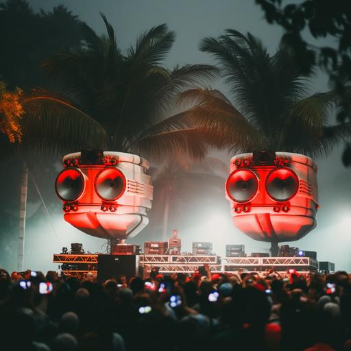 large concert speakers hanging from stings in the jungle in the rain, nightime, blue green and red neon lights, Capture the detail of this masterpiece using a Leica SL2, setting the aperture to f/ 2. 8 to keep all the subtleties in focus. Use cinematic sunset lighting to highlight the large eyes and lavish decorations. Aim for a photorealistic representation in 8k resolution, using the rule of thirds for a balanced and visually appealing composition, 1600x1600, --weird 1000