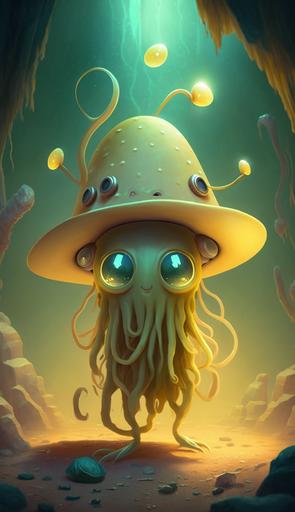 large cute alien, yellow jellyfish, eye stalks on top of head, cowboy hat, cartoon tentacles, magic, cave --v 4 --q 2 --ar 9:16
