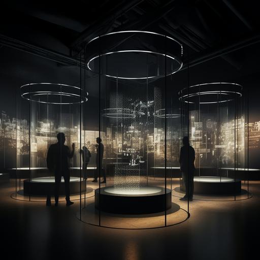 large dark space, minimal metal cylindrical wire pedestals for display, with pieces of furniture displayed on the pedestals. perimeter walls are high definition screens showing furniture displayed at much greater detail, silhouettes of people in space